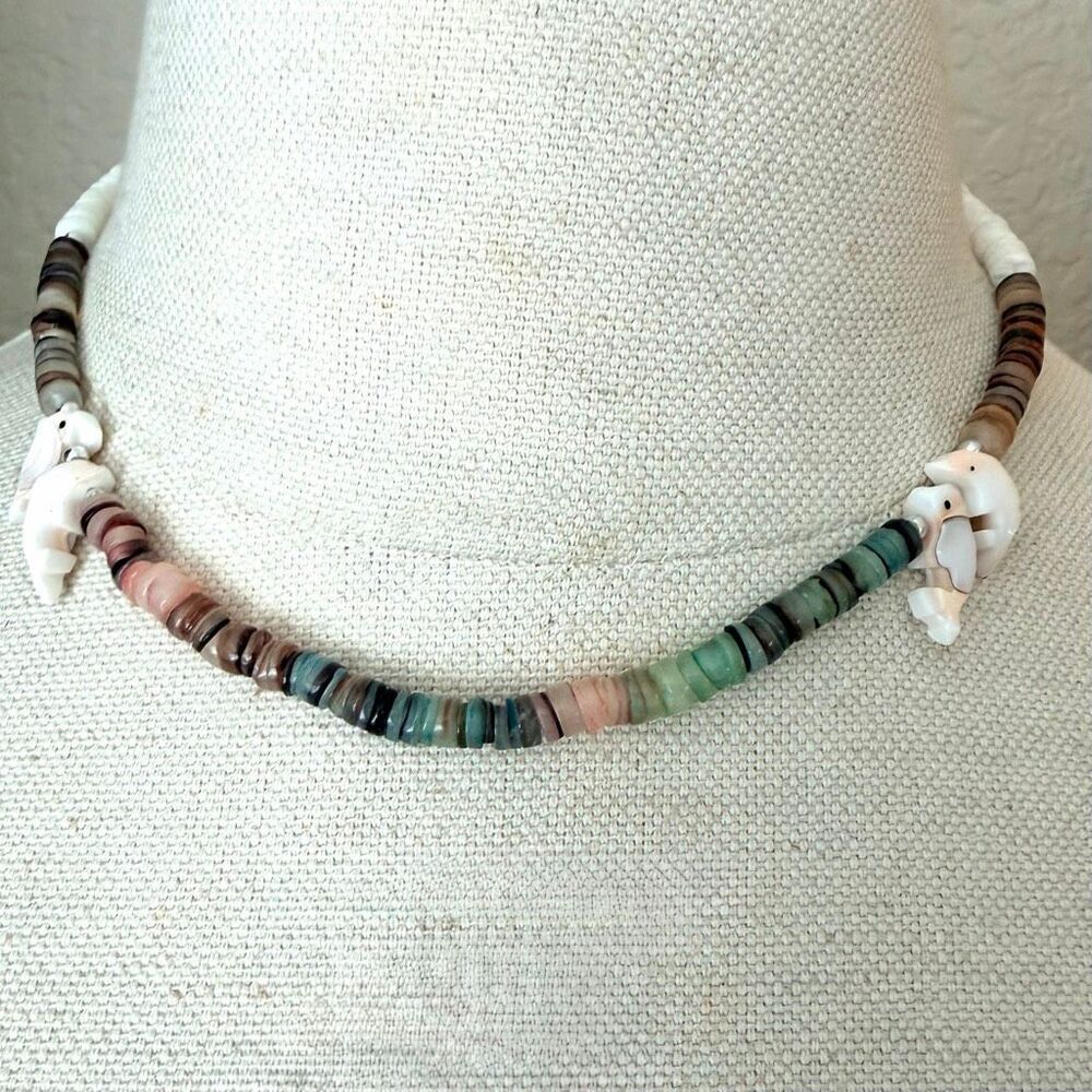 Colorful Heishi Bead Necklace with Carved Dolphin Accents